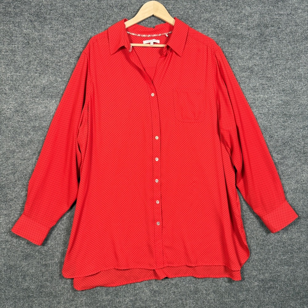 Foxcroft Plus Size 20W Shirt‎ Blouse Red Polka Dot Black Button Up Long Sleeves